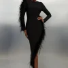Figure Form Bandage Knit Split Feather Hem Midi Dress