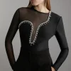 Figure Form Bandage Mesh Detail Embellished Knit Top