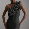 Figure Form Bandage Silk Look Flower Detail One Shoulder Knit Dress
