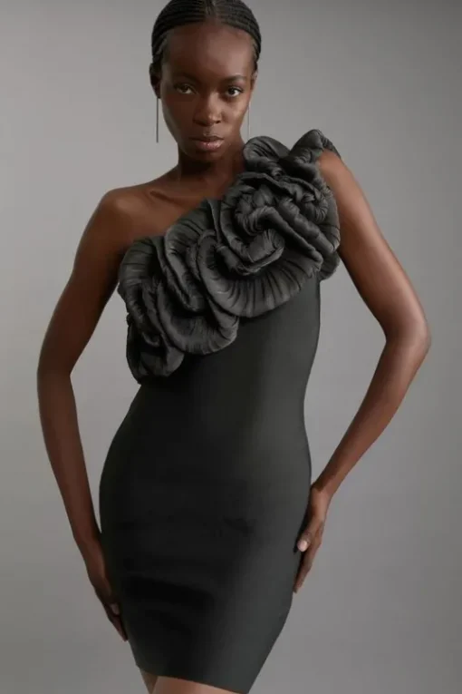 Figure Form Bandage Silk Look Flower Detail One Shoulder Knit Dress