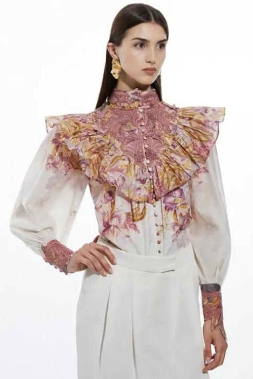 Floral Applique Crinkle Woven Blouse
