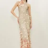 Floral Applique Crystal Embellished Woven Maxi Rosette Maxi Dress