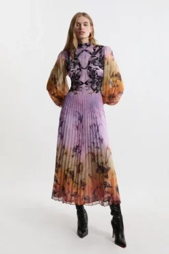 Floral Applique Lace Pleated Woven Maxi Dress