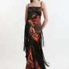 Floral Heavy Satin Panelled Fringed Woven Strappy Maxi Dress