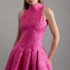 Floral Jacquard Halter Full Skirt Tailored Mini Dress