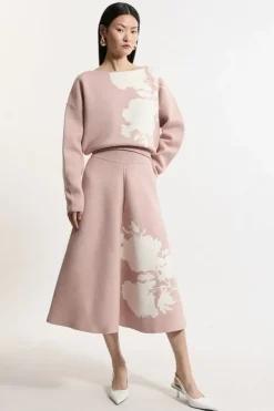 Floral Jacquard Viscose Blend Milano Knit Midi Skirt Co-Ord