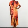 Floral Print Satin Crepe Woven Angel Sleeve Midi Dress