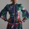 Floral Print Woven Balloon Sleeve Belted Midi Dress