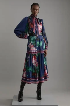 Floral Print Woven Balloon Sleeve Midaxi Dress