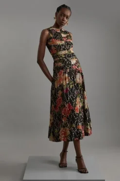 Floral Printed Viscose Metallic Thread Beaded Woven Midaxi Dress