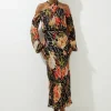 Floral Printed Viscose Metallic Thread Beaded Cross Neck Woven Midi Dress