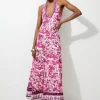 Floral Printed Viscose Woven Halter Maxi Dress