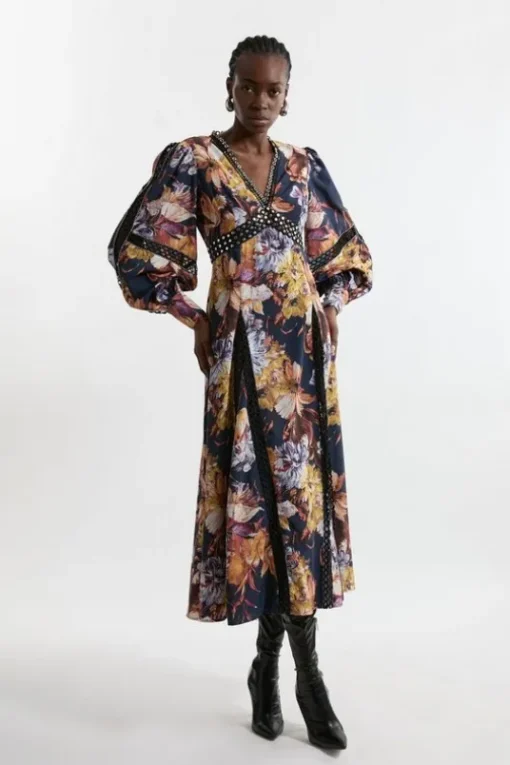 Floral Studded Lace Woven Maxi Dress