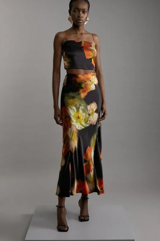 Floral Viscose Satin Top And Skirt Set