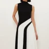 Fluid Tailored Color Block High Neck Pleated Midi Dress