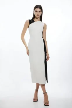 Fluid Tailored Color Block Split Strap Midi Dress