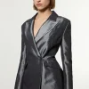 Fluid Tailored Metallic Asymmetric Wrap Blazer