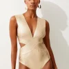 Foiled Bandage Textured V Neck Swimsuit