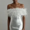 Foiled Figure Form Bandage Knit Feather Off The Shoulder Mini Dress