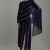 Fringed Velvet Devore Long Sleeve Woven Maxi Dress