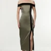 Geo Jacquard Velvet Mix Tailored Off The Shoulder Midi Dress