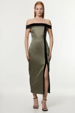 Geo Jacquard Velvet Mix Tailored Off The Shoulder Midi Dress