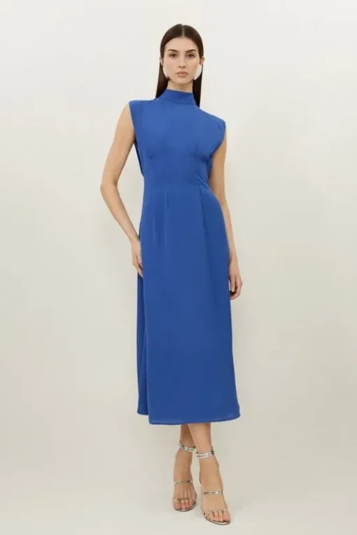 Georgette Belted Pin Tuck Midi Dress
