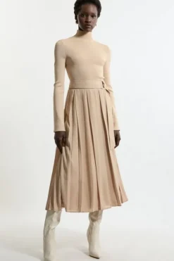 Georgette Belted Pleat Woven Midi Skirt