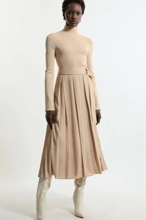 Georgette Belted Pleat Woven Midi Skirt