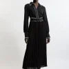 Georgette Pleated Piping Detail Woven Belted Maxi Dress