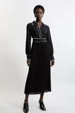 Georgette Pleated Piping Detail Woven Belted Maxi Dress
