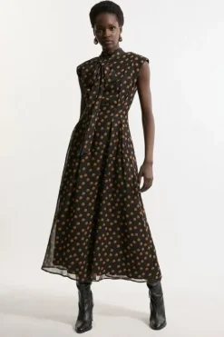 Georgette Spot Pintuck Waist Woven Midi Dress