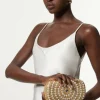 Golden Oval Detailed Pearl Embellished Clutch