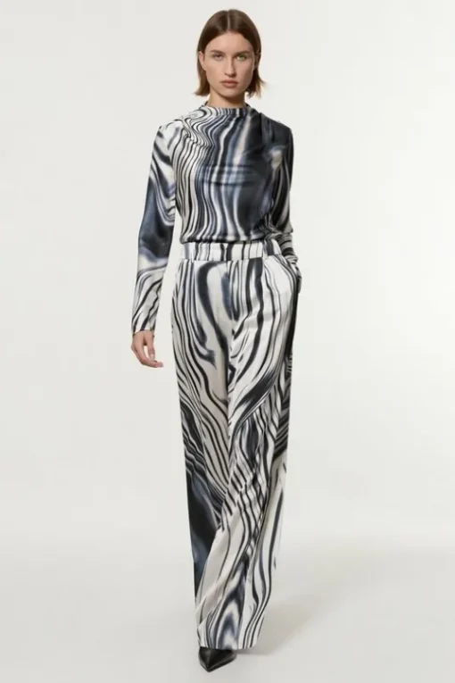 Graduated Stripe Viscose Satin High Waist Pants