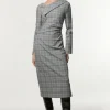 Grey Check Tailored Asymmetrical Collared Fitted Maxi Dress