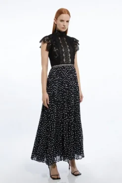 Guipure Lace Dot Pleated Skirt Midi Dress