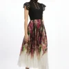 Guipure Lace Floral Printed Pleated Woven Maxi Dress