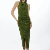Halterneck Sequin Jersey Side Split Maxi Dress