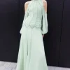 High Neck Embellished Ruched Georgette Woven Maxi Dress