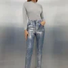 High Rise Slim Leg Silver Foiled Jeans