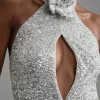 Highneck Backless Rosette Sequin Bodysuit
