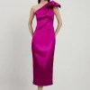 Italian Satin One Shoulder Bow Detail Tailored Midi Dress