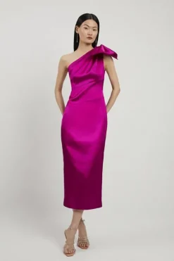 Italian Satin One Shoulder Bow Detail Tailored Midi Dress