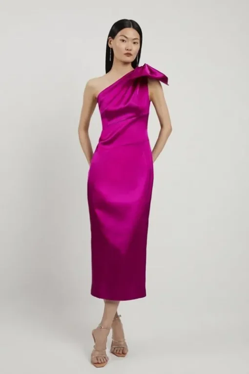 Italian Satin One Shoulder Bow Detail Tailored Midi Dress