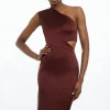 Italian Satin One Shoulder Cut Out Waist Midi Dress