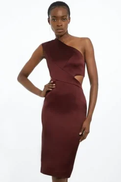 Italian Satin One Shoulder Cut Out Waist Midi Dress