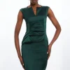 Italian Satin Tailored Envelope Neck Pencil Midi Dress