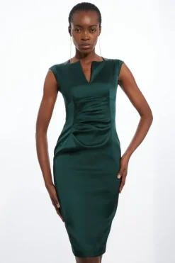 Italian Satin Tailored Envelope Neck Pencil Midi Dress