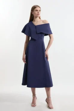Italian Structured Rib Asymmetric Collar Tailored Full Skirt Maxi Dress