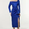 Italian Structured Rib Asymmetric Neckline Draped Tailored Maxi Dress